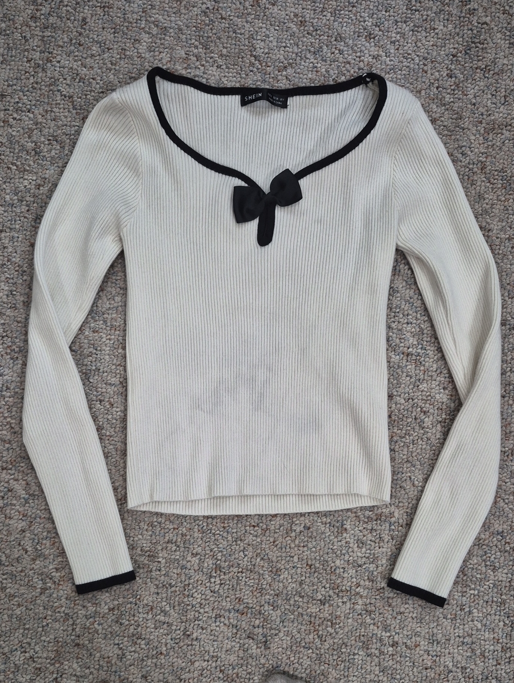 SHEIN Cream Ribbed Long Sleeve Top with Black Trim & Bow Accent